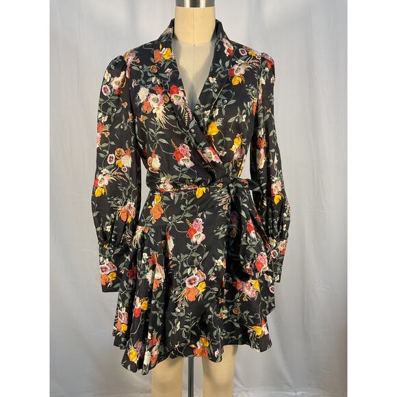Zimmermann Floral-Print Black Linen Mini Wrap Dress Size 0 - Picture 2 of 5